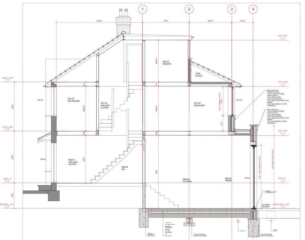 PRIVATE RESIDENCE - EAST LONDON | Long section drawing through existing building and new extension | Interior Designers